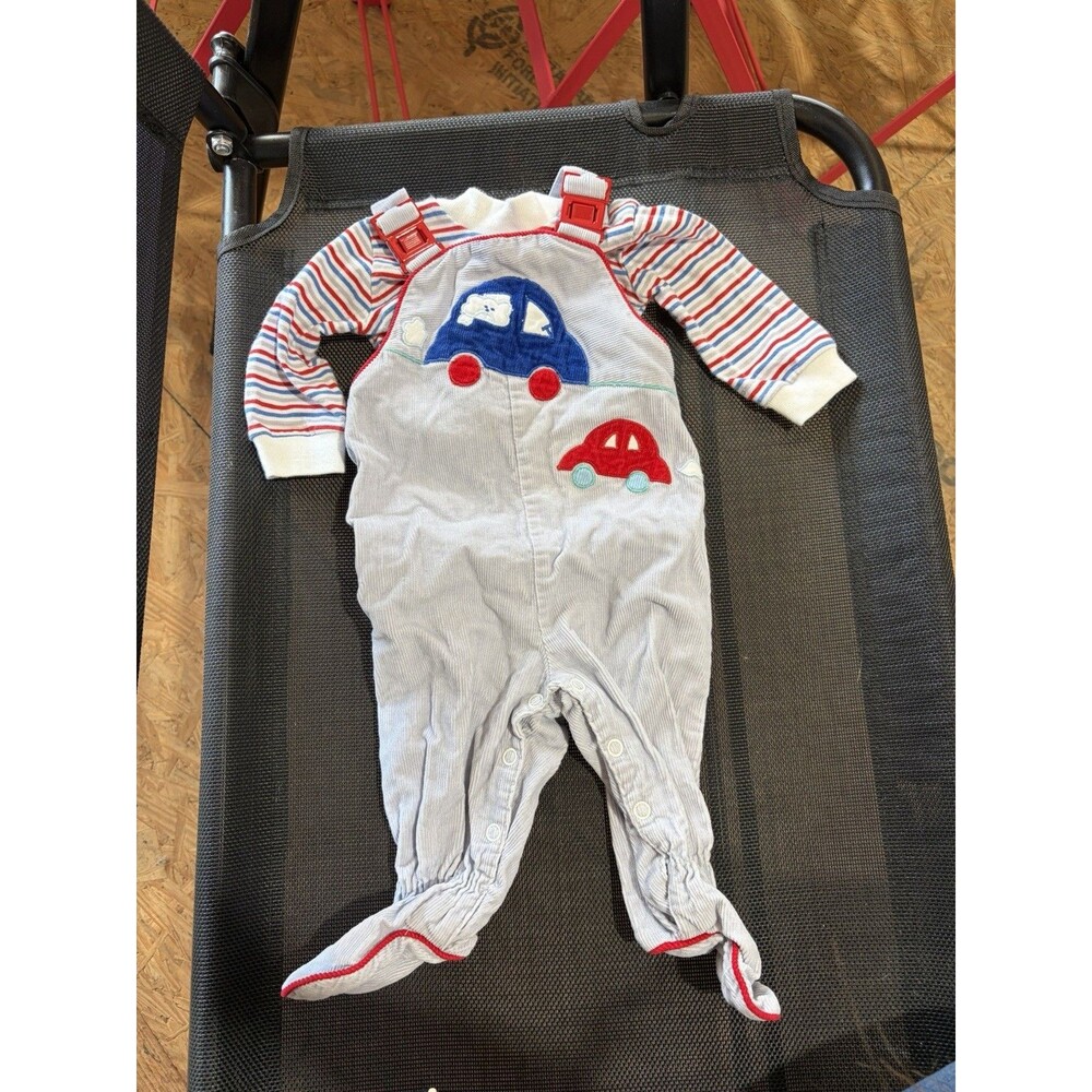 Vintage 2pc Footed Cotton Coverall + Striped Shirt Cars Applique 3-6 Months